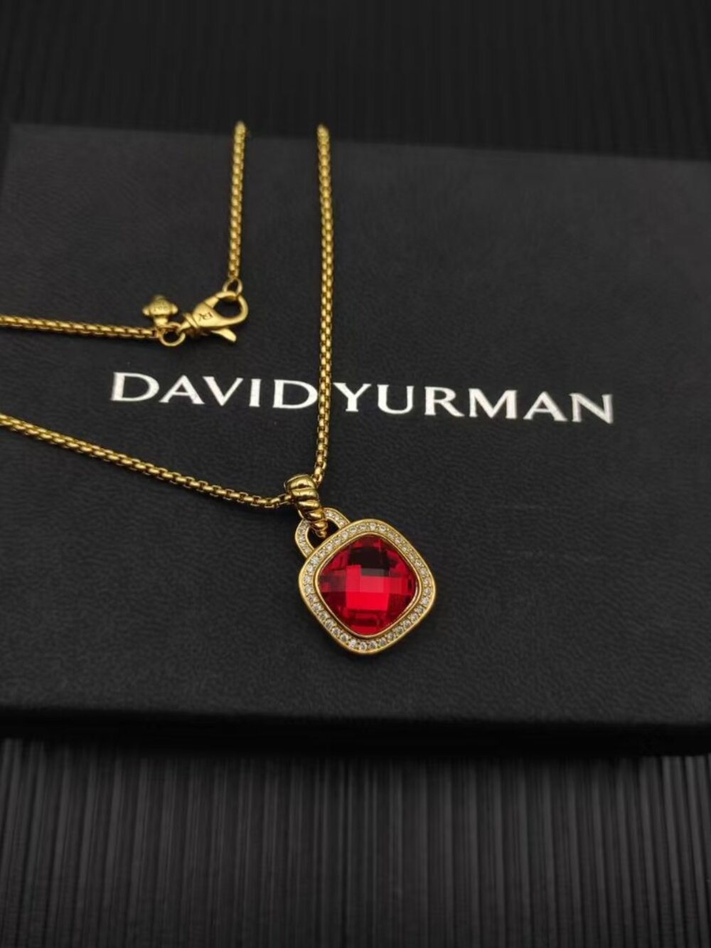 🎈David Yurman Gold Red Diamond Center Stone Square-cut Necklace